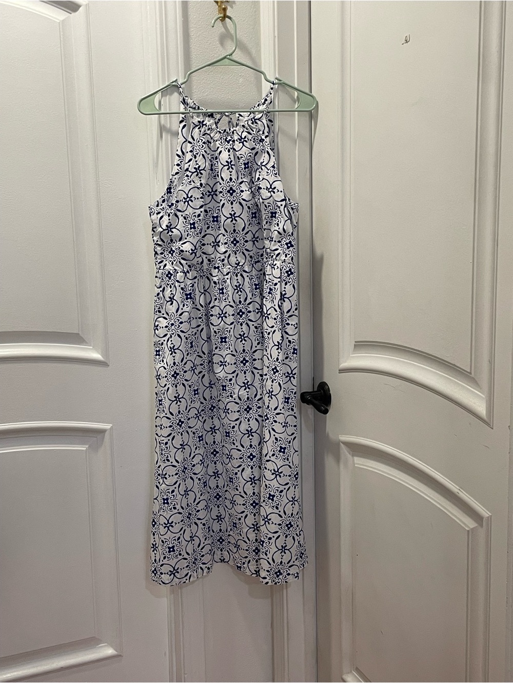 J. Crew Blue and White Tile-Print Midi Halter Dress